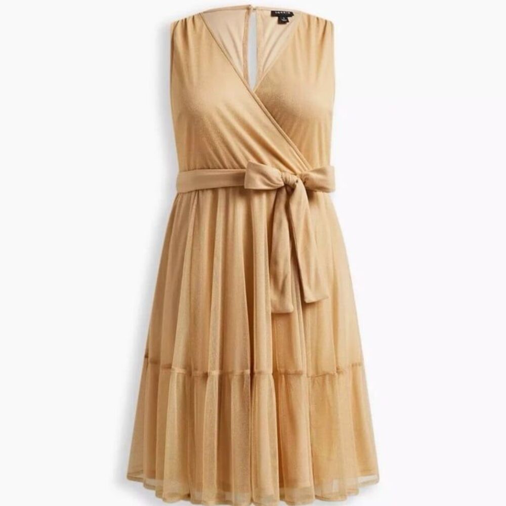 Torrid At The Knee Glitter Lurex Surplice Tiered Dress Gold